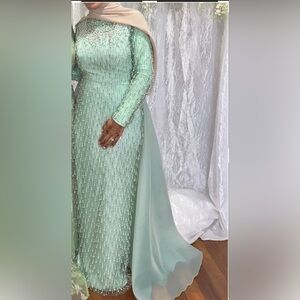 Elegant Modest Hijabi friendly Mint Green Beaded Dress